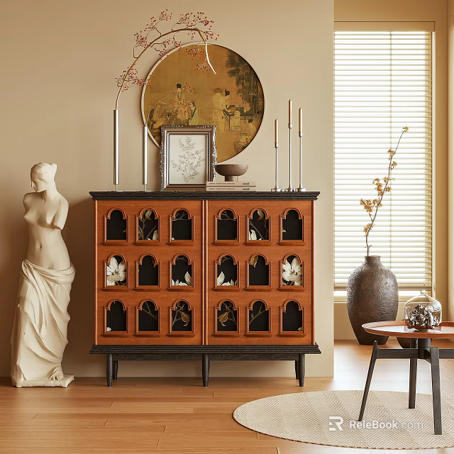 Traditional Wooden Dresser With Carved Drawers Framed Picture And Decorative Statue Vase 3d model 