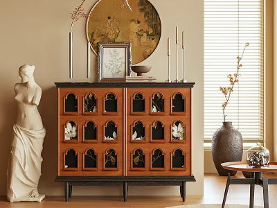 Traditional Wooden Dresser With Carved Drawers Framed Picture And Decorative Statue Vase 3d model