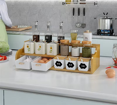 Practical Wooden Spice Rack With Multiple Jars And Egg Storage Containers On Kitchen Countertop 3d model