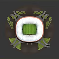 Detailed Stadium Model With Orange White Exterior Red Seats And Green Lawn