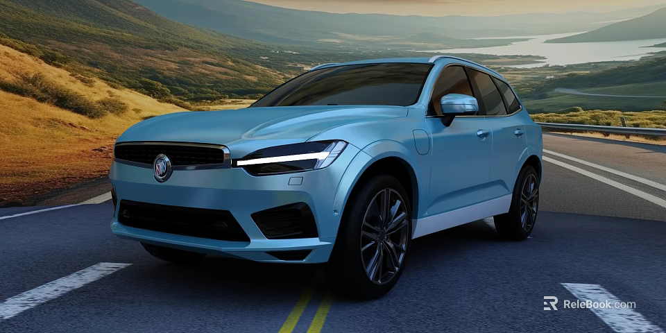 Blue Volvo SUV Showcasing Sleek Design On Scenic Mountain Road With Lake View 3d model 