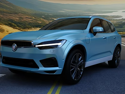 Blue Volvo SUV Showcasing Sleek Design On Scenic Mountain Road With Lake View 3d model