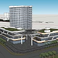 Modern Office Building Exterior Design With Glass Facade Plaza Fountain And Pedestrian Activity