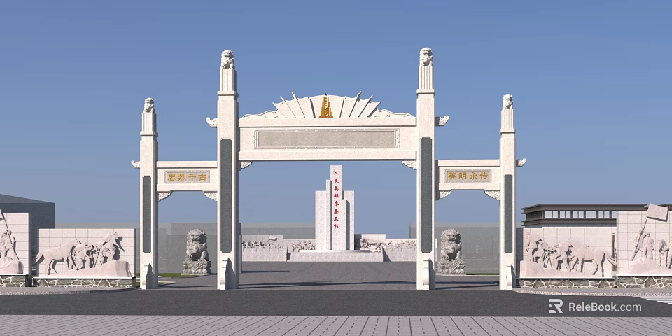Traditional Ancient Architecture Stone Archway With Golden Decorations And Stone Lions 3d model 