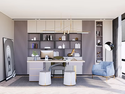 Modern Study Room Interior With Wooden Desk Built-in Bookshelves Chandelier And Comfortable Chair 3d model