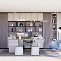 Modern Study Room Interior With Wooden Desk Built-in Bookshelves Chandelier And Comfortable Chair