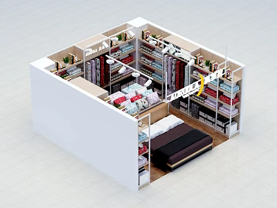 Modern Bedding Store Interior With Shelves Displaying Quilts Pillows And Bedding Sets 3d model