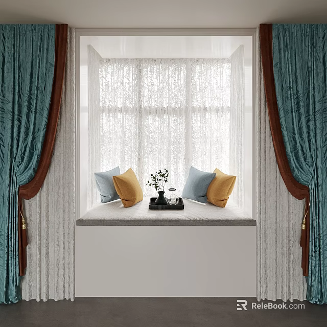 Cozy Bay Window Nook With Blue Yellow Pillows Teal Curtains And Sheer Drapes 3d model 