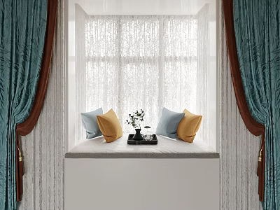 Cozy Bay Window Nook With Blue Yellow Pillows Teal Curtains And Sheer Drapes 3d model