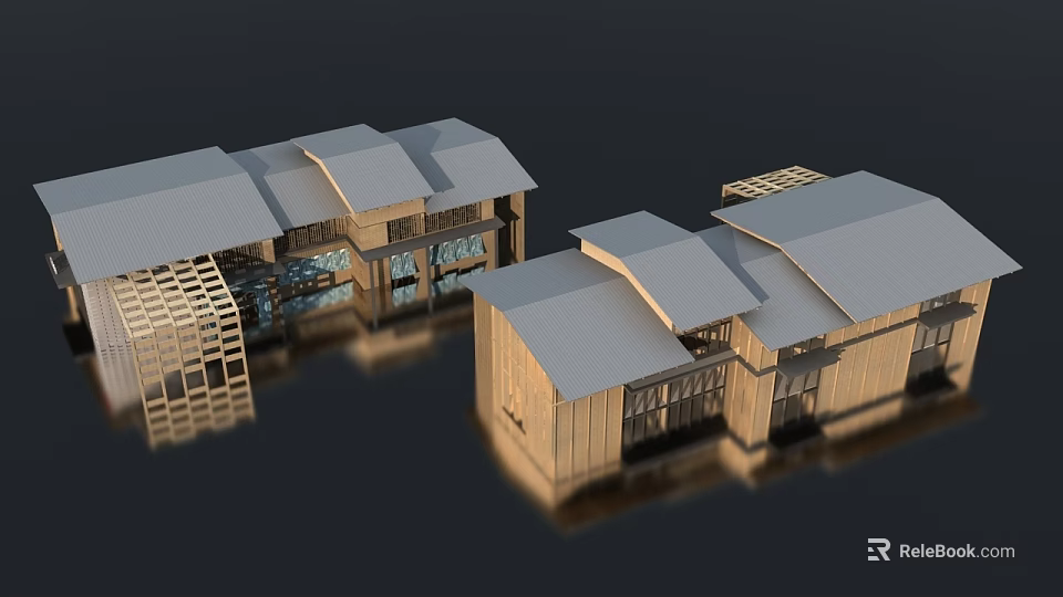 Modern Wooden Architecture Model With Sloped Roofs And Glass Windows Water Reflection 3d model 