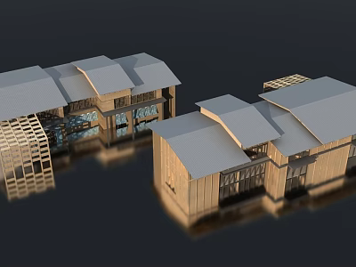 Modern Wooden Architecture Model With Sloped Roofs And Glass Windows Water Reflection 3d model