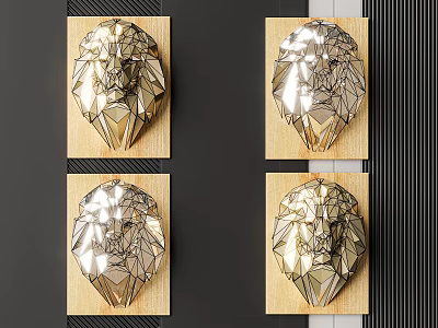 Elegant Modern Geometric Lion Head Wall Decor with Shiny Surface and Wooden Background 3d model