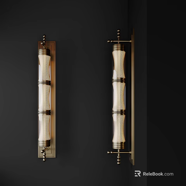 Modern Wall Sconces with Brass Frame and Textured Glass Cylinder Design 3d model 