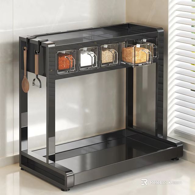 Modern Black Kitchen Storage Shelf With Transparent Spice Jars And Wooden Spoon 3d model 