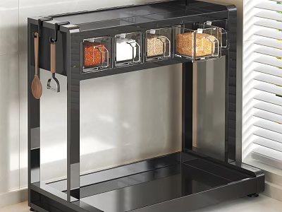 Modern Black Kitchen Storage Shelf With Transparent Spice Jars And Wooden Spoon 3d model