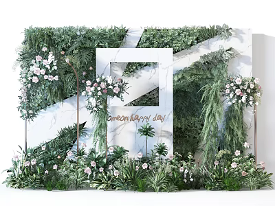 Living Green Plant Wall With White Frame Structure And Pink Flowers 3d model