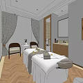 SPA Sauna Interior Design With Massage Bed Chairs Wooden Flooring And Vanity