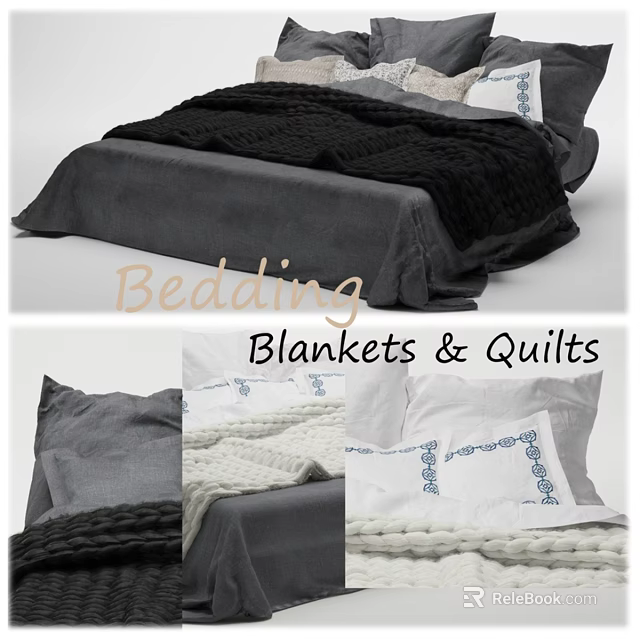 Double Bed Bedding With Gray Blanket White Quilt And Embroidered Pillows 3d model 