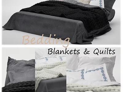 Double Bed Bedding With Gray Blanket White Quilt And Embroidered Pillows 3d model