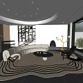 Modern Living Room Interior Design With Curved White Sofa Round Coffee Table Fireplace And Bookshelf