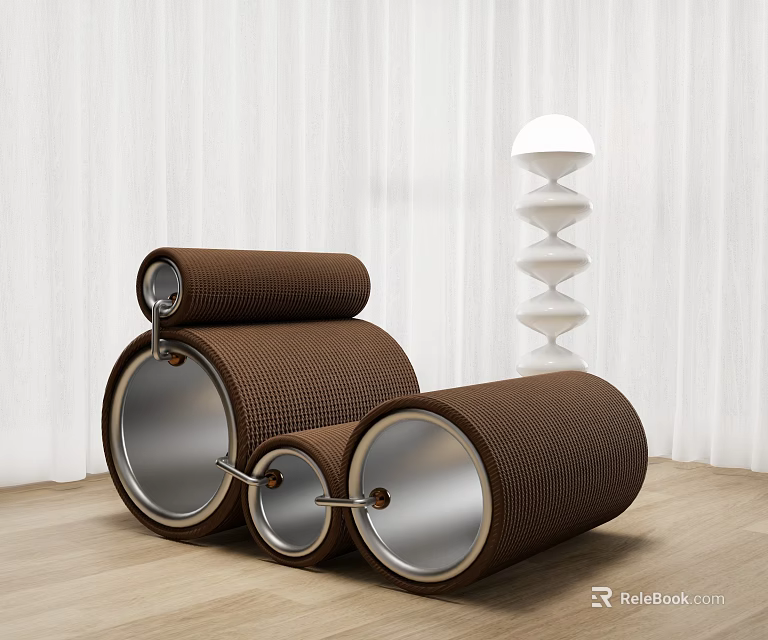 Brown Cylindrical Design Single Sofa With Metal Accents And White Spiral Lamp On Wooden Floor 3d model 