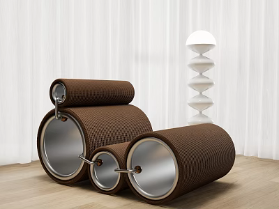 Brown Cylindrical Design Single Sofa With Metal Accents And White Spiral Lamp On Wooden Floor 3d model