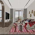 Hotel Guest Room With Warm Lighting Bamboo Door White Canopy Striped Blanket And Colorful Pillows