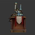 Vintage Wooden Desk With Drawers Decorative Bottles Table Lamp And Red Cloth