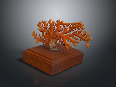 Artistic Orange Branch Shaped Coral Sculpture Displayed On Wooden Square Base 3d model