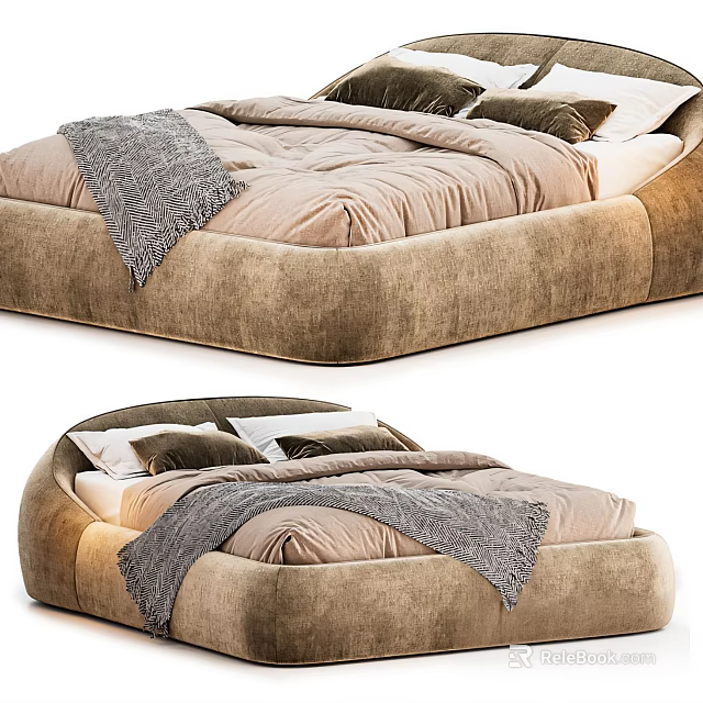 Brown Velvet Double Bed with Curved Frame Soft Pillows and Grey Blanket 3d model 