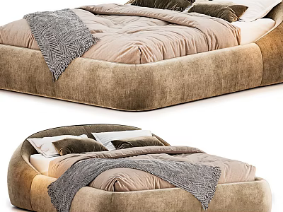 Brown Velvet Double Bed with Curved Frame Soft Pillows and Grey Blanket 3d model