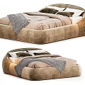 Brown Velvet Double Bed with Curved Frame Soft Pillows and Grey Blanket