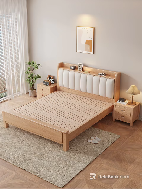 Cozy Wooden Bedroom With White Padded Headboard Nightstands Table Lamp Potted Plant And Wooden Floor 3d model 