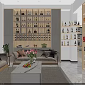 Modern Lounge Area With Comfortable Sofas Coffee Table Fresh Fruit Flowers Potted Plants Wine Racks And Shelves