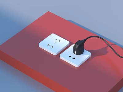 Two White Electrical Sockets on Red Surface with Black Plug and Cable 3d model