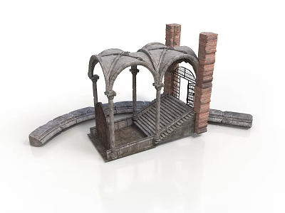 Classical Architecture Model With Arched Canopy Stone Stairs And Brick Walls 3d model