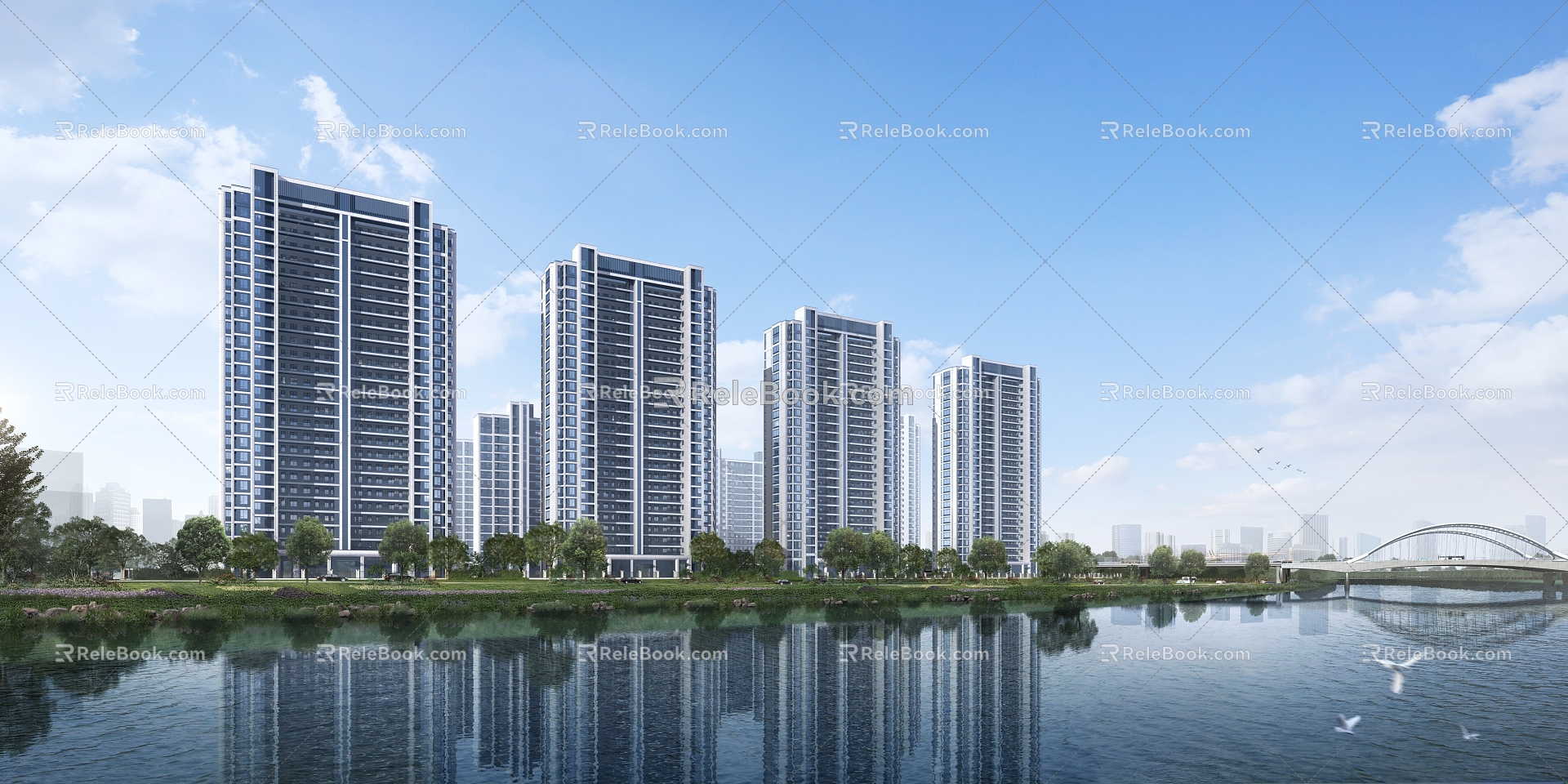 Modern residential area along the river 3d model