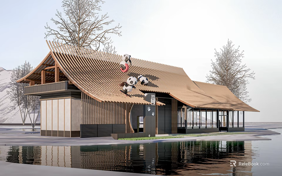 Traditional Wooden Pavilion With Tiled Roof By Water And Tree Reflections 3d model 