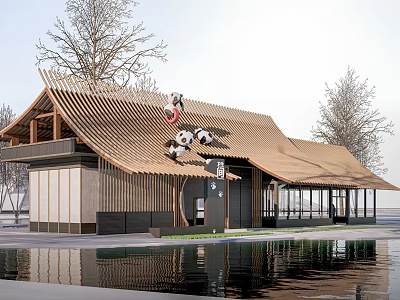 Traditional Wooden Pavilion With Tiled Roof By Water And Tree Reflections 3d model