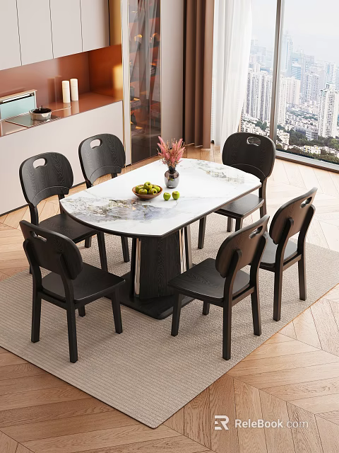 Modern Dining Room with Marble Tabletop Six Black Chairs Flower Vase and Bowl of Fruits 3d model 