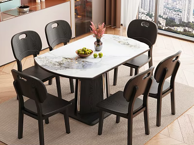 Modern Dining Room with Marble Tabletop Six Black Chairs Flower Vase and Bowl of Fruits 3d model