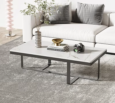 Modern White Marble Coffee Table with Black Metal Base and Decorative Vase Books Camera 3d model