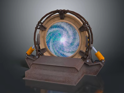 Cartoon Scene With Circular Device Blue Green Swirl Center Metal Frame Steps Yellow Components 3d model