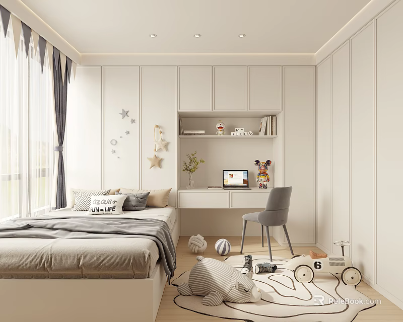 Tatami Bedroom Interior With Bed Desk Chair Window And Decorative Stars Rug 3d model 