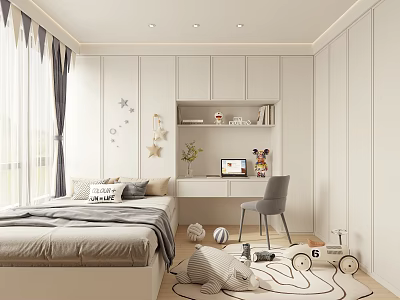 Tatami Bedroom Interior With Bed Desk Chair Window And Decorative Stars Rug 3d model