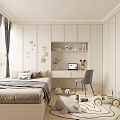 Tatami Bedroom Interior With Bed Desk Chair Window And Decorative Stars Rug
