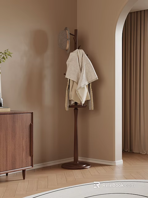 Cozy Home Entryway With Wooden Coat Rack Hanging Clothes Cabinet Vase Plant And Curtain 3d model 