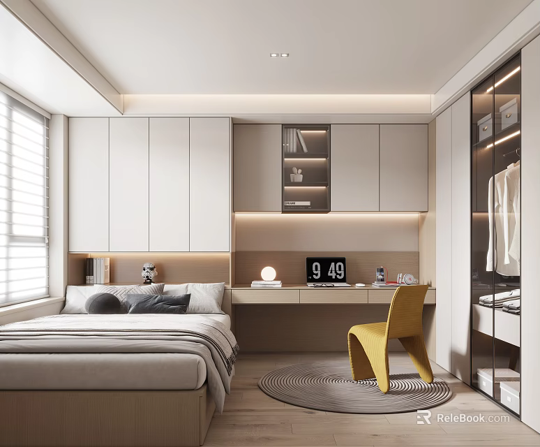 Tatami Bedroom Interior Design With Storage Cabinets Desk Yellow Chair And Window 3d model 