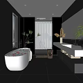 Modern Bathroom Interior With Dark Walls White Bathtub Flower Petals Green Plants And Large Windows