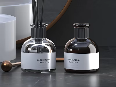 Laboratorio Olfattivo Perfume Bottles Transparent And Dark Brown Glass With Black Caps On Marble Surface 3d model